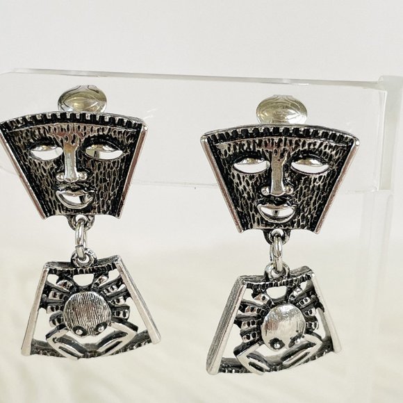 Sarah Coventry Jewelry - Sarah Coventry Earrings Talisman of Love Crab Mask Dangling Drop 70s Silver Tone